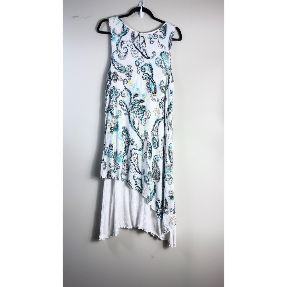 JM Collection Sleeveless Paisley Asymmetrical Tiered Dress White Blue Women M - Picture 3 of 8
